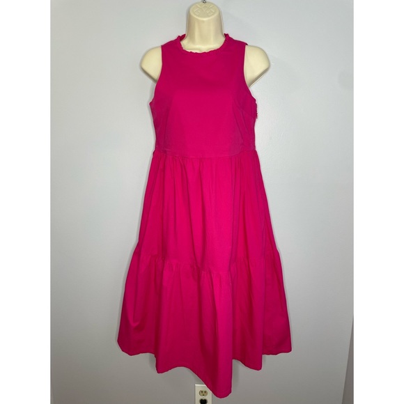 J.Crew Factory Pink Midi Sleeveless Ruffled Neckline Tiered Pink Dress - Picture 2 of 12